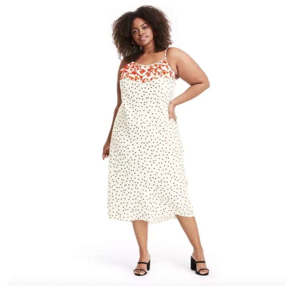 🆕 RIXO White Polka Dot with Red Floral Frill Dress
